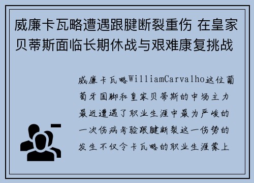 威廉卡瓦略遭遇跟腱断裂重伤 在皇家贝蒂斯面临长期休战与艰难康复挑战 威廉卡瓦略遭遇跟腱断裂重伤 在皇家贝蒂斯面临长期休战与艰难康复挑战