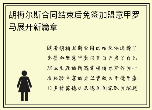 胡梅尔斯合同结束后免签加盟意甲罗马展开新篇章